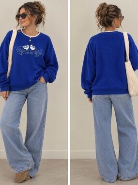 Alfred Dunner Vintage Double Collar Bird Embroidered Blue Crewneck Sweater Sz Lg
